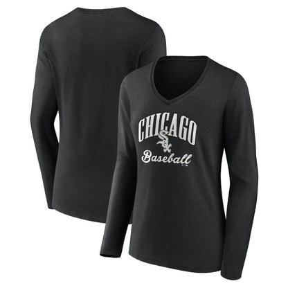 Chicago White Sox Women's Victory Script Long Sleeve V-Neck T-Shirt - Black