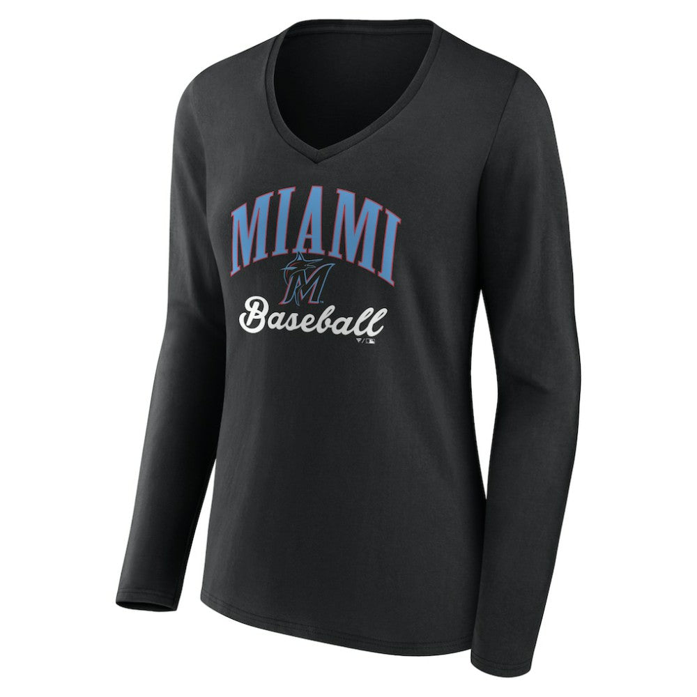 Miami Marlins Women's Victory Script Long Sleeve V-Neck T-Shirt - Black