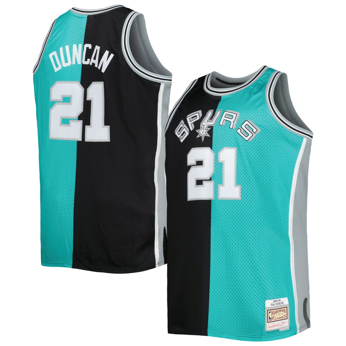 Tim Duncan San Antonio Spurs Big & Tall Hardwood Classics 1998/99 Split Swingman Jersey - Black/Teal | Mitchell & Ness online