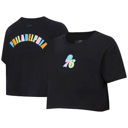 Philadelphia 76ers Pro Standard Women's Washed Neon Cropped Boxy T-Shirt - Black on sale