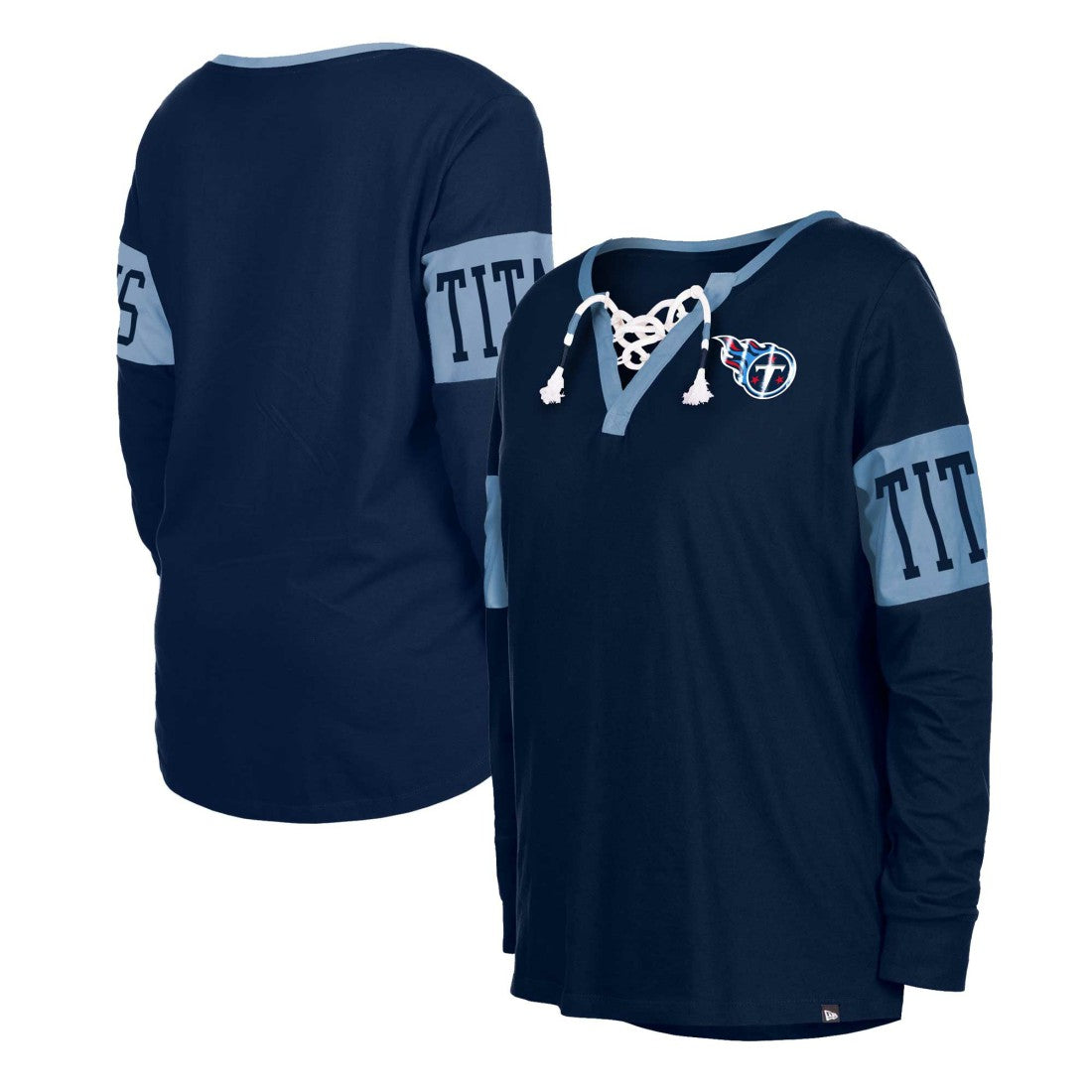 Tennessee Titans New Era Women's Lace-Up Notch Neck Long Sleeve T-Shirt - Navy cheap