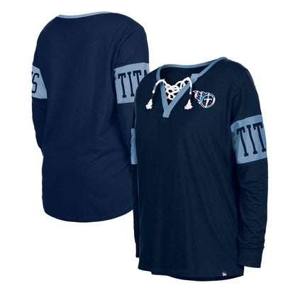 Tennessee Titans New Era Women's Lace-Up Notch Neck Long Sleeve T-Shirt - Navy cheap