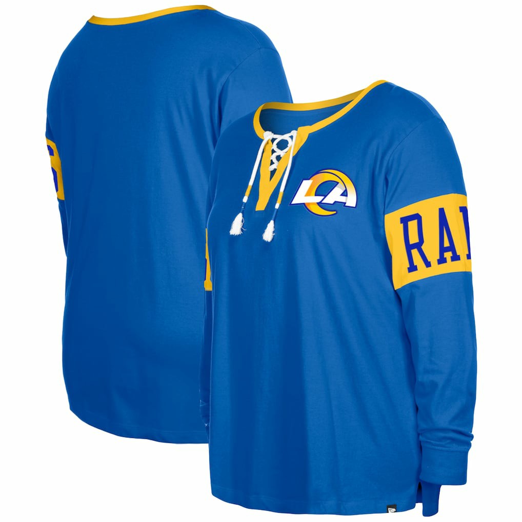 Los Angeles Rams New Era Women's Plus Size Lace-Up Notch Neck Long Sleeve T-Shirt - Royal discount