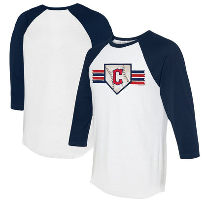Cleveland Guardians Tiny Turnip Women's Base Stripe 3/4-Sleeve Raglan T-Shirt - White/Navy