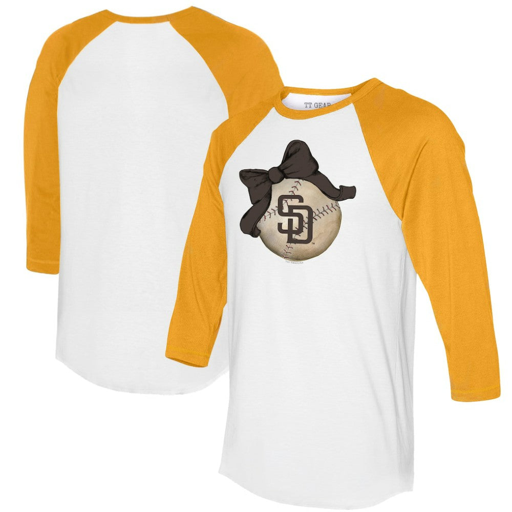 San Diego Padres Tiny Turnip Women's Baseball Bow 3/4-Sleeve Raglan T-Shirt - White/Gold