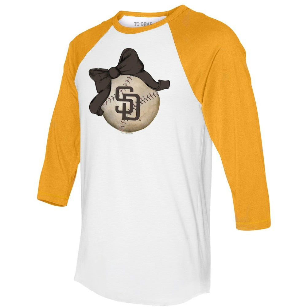 San Diego Padres Tiny Turnip Women's Baseball Bow 3/4-Sleeve Raglan T-Shirt - White/Gold