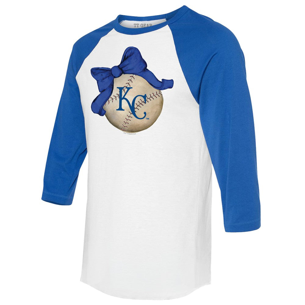Kansas City Royals Tiny Turnip Women's Baseball Bow 3/4-Sleeve Raglan T-Shirt - White/Royal