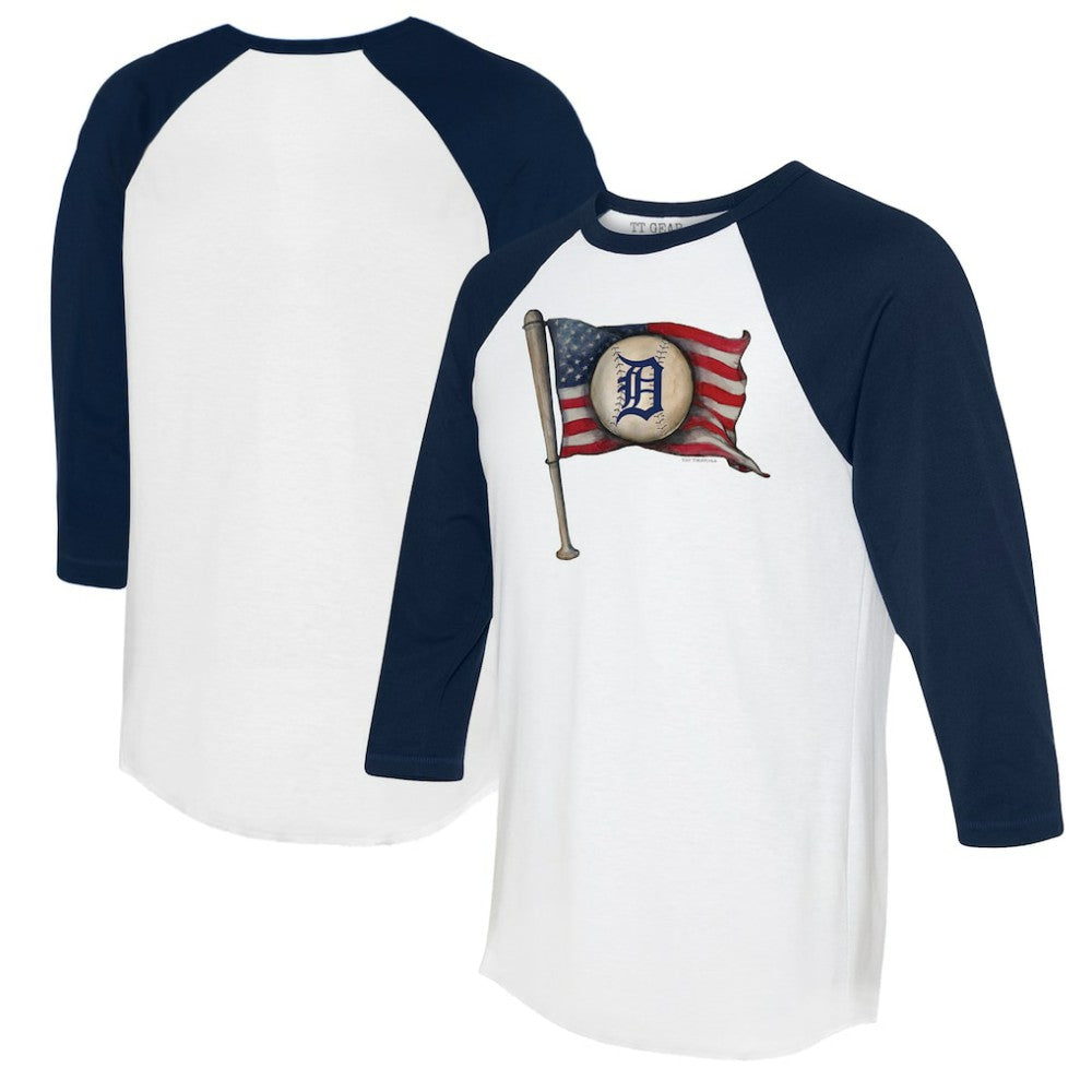 Detroit Tigers Tiny Turnip Women's Baseball Flag 3/4-Sleeve Raglan T-Shirt - White/Navy