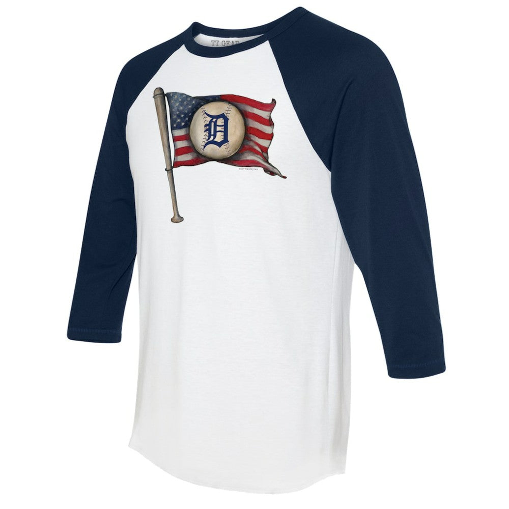 Detroit Tigers Tiny Turnip Women's Baseball Flag 3/4-Sleeve Raglan T-Shirt - White/Navy