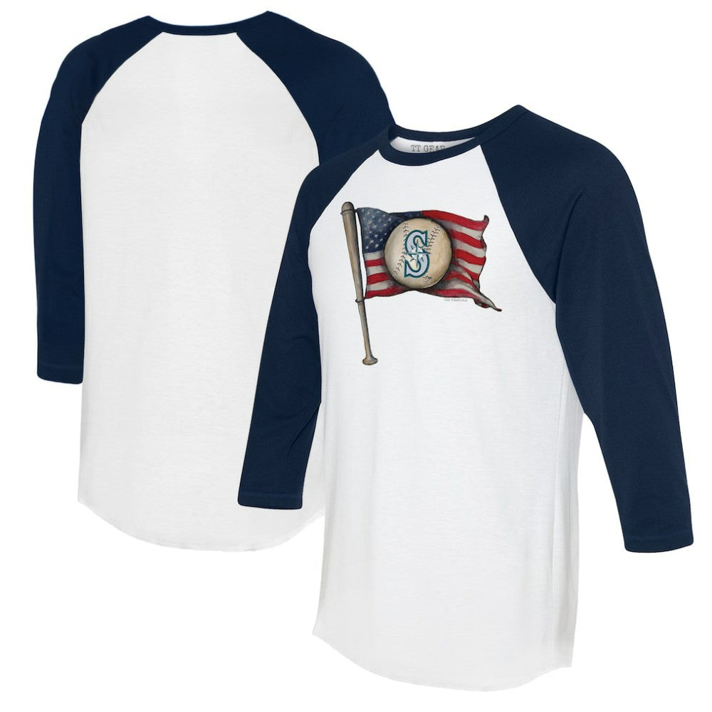 Seattle Mariners Tiny Turnip Women's Baseball Flag 3/4-Sleeve Raglan T-Shirt - White/Navy
