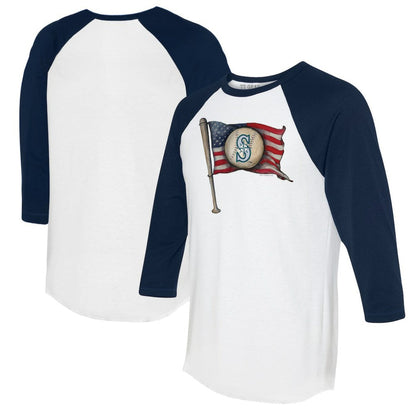 Seattle Mariners Tiny Turnip Women's Baseball Flag 3/4-Sleeve Raglan T-Shirt - White/Navy