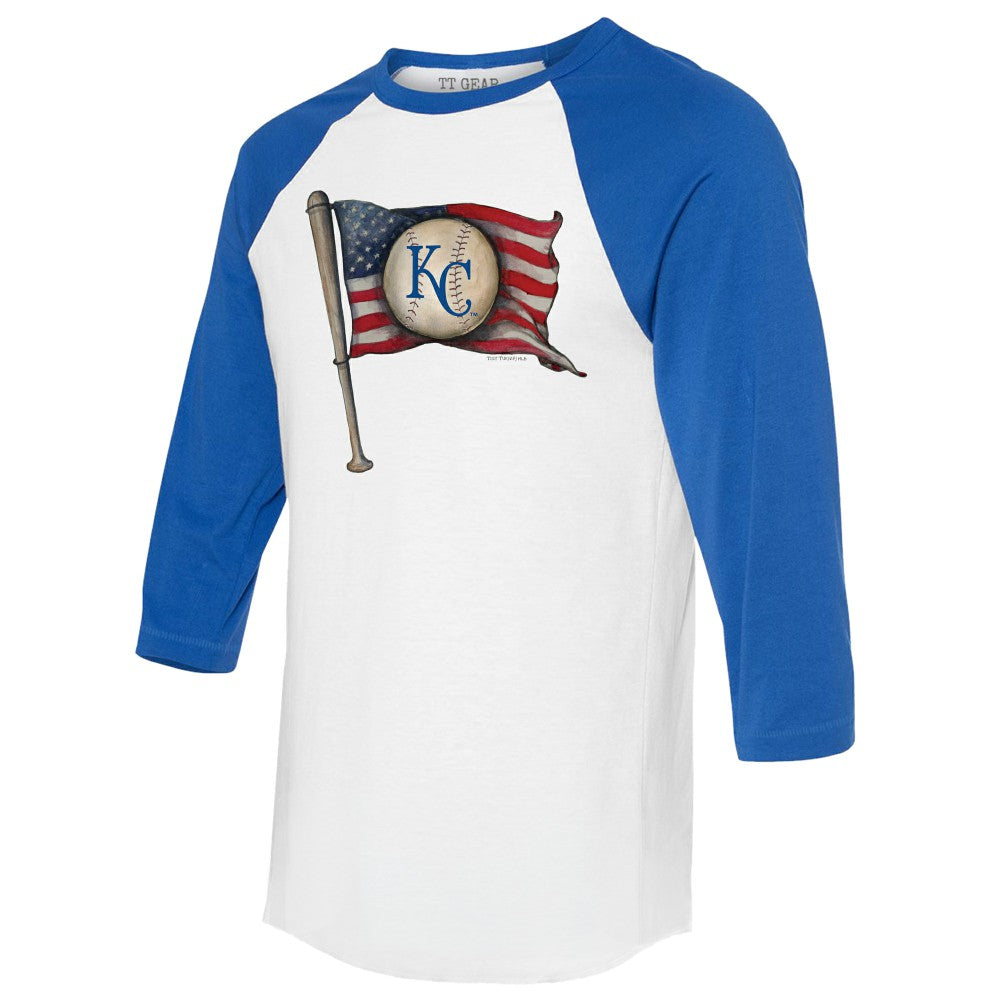 Kansas City Royals Tiny Turnip Women's Baseball Flag 3/4-Sleeve Raglan T-Shirt - White/Royal