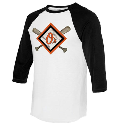 Baltimore Orioles Tiny Turnip Women's Diamond Cross Bats 3/4-Sleeve Raglan T-Shirt - White/Black
