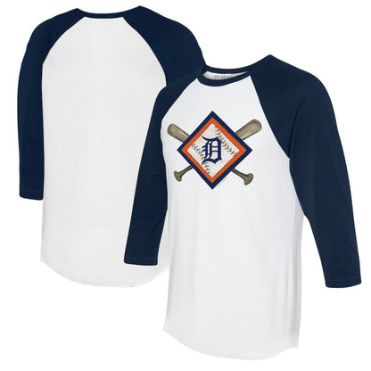 Detroit Tigers Tiny Turnip Women's Diamond Cross Bats 3/4-Sleeve Raglan T-Shirt - White/Navy