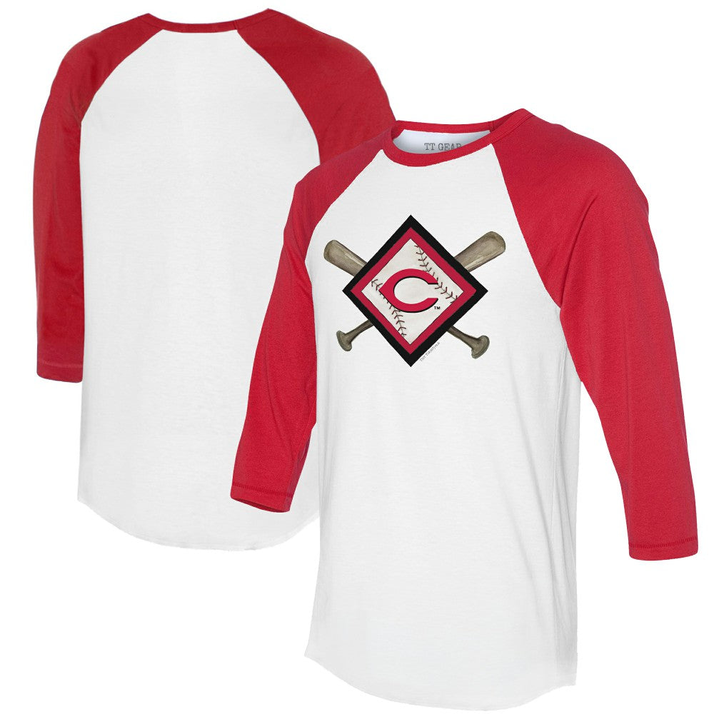 Cincinnati Reds Tiny Turnip Women's Diamond Cross Bats 3/4-Sleeve Raglan T-Shirt - White/Red