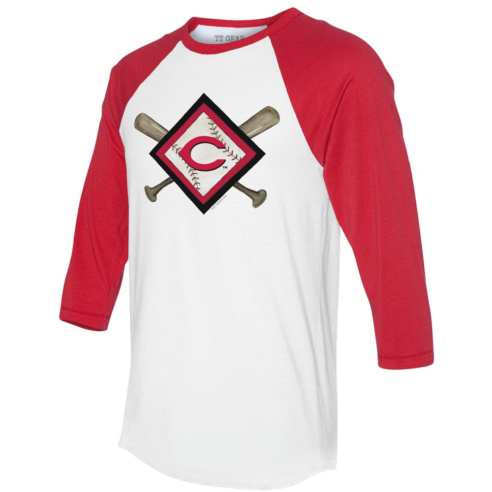 Cincinnati Reds Tiny Turnip Women's Diamond Cross Bats 3/4-Sleeve Raglan T-Shirt - White/Red