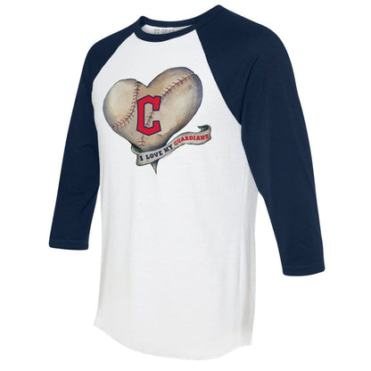 Cleveland Guardians Tiny Turnip Women's Heart Banner 3/4-Sleeve Raglan T-Shirt - White/Navy