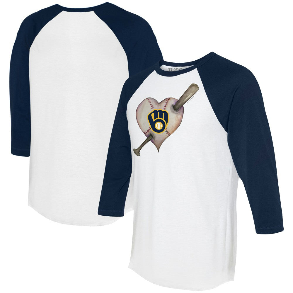 Milwaukee Brewers Tiny Turnip Women's Heart Bat 3/4-Sleeve Raglan T-Shirt - White/Navy