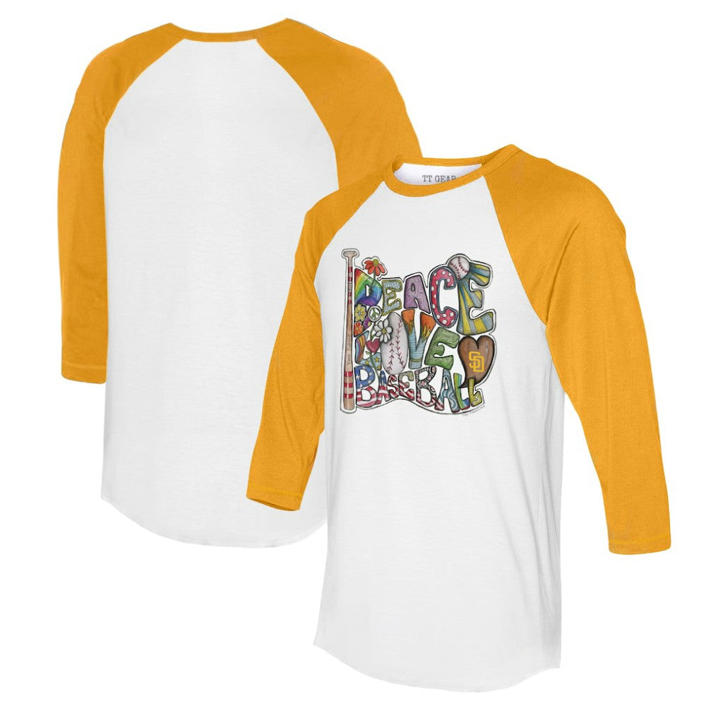 San Diego Padres Tiny Turnip Women's Peace Love Baseball 3/4-Sleeve Raglan T-Shirt - White/Gold