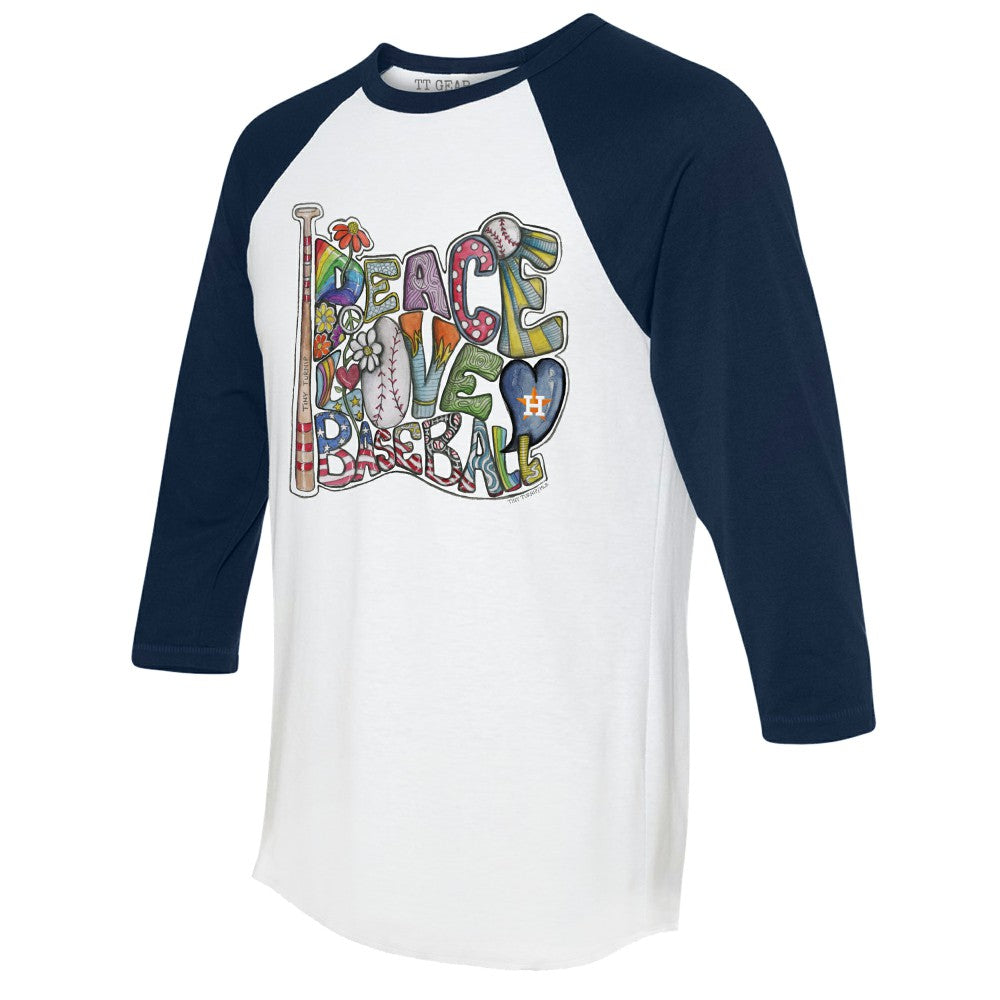 Houston Astros Tiny Turnip Women's Peace Love Baseball 3/4-Sleeve Raglan T-Shirt - White/Navy