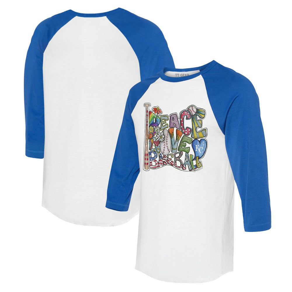 Kansas City Royals Tiny Turnip Women's Peace Love Baseball 3/4-Sleeve Raglan T-Shirt - White/Royal