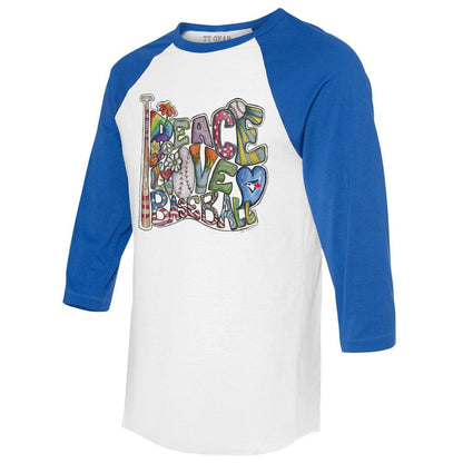 Toronto Blue Jays Tiny Turnip Women's Peace Love Baseball 3/4-Sleeve Raglan T-Shirt - White/Royal