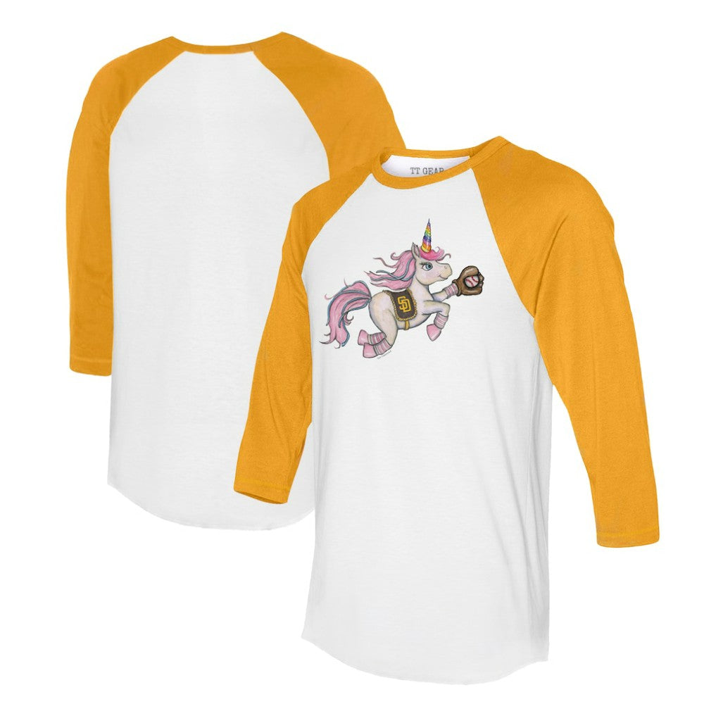 San Diego Padres Tiny Turnip Unisex Unicorn 3/4-Sleeve Raglan T-Shirt - White/Gold
