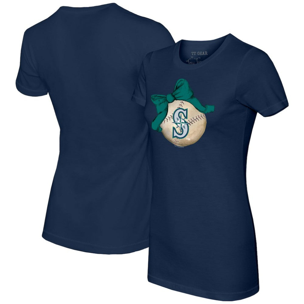 Seattle Mariners Tiny Turnip Women's Baseball Bow T-Shirt - Navy