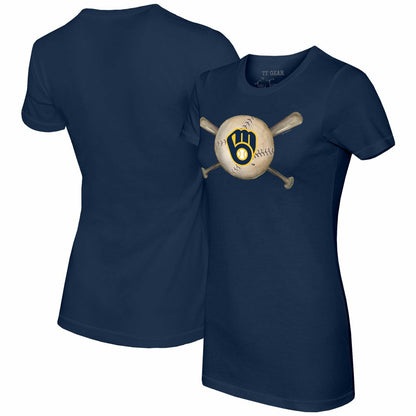 Milwaukee Brewers Tiny Turnip Women's Baseball Cross Bats T-Shirt - Navy