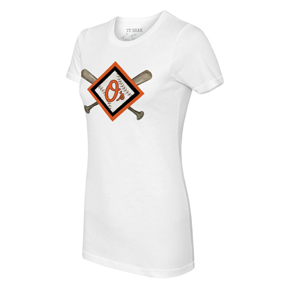 Baltimore Orioles Tiny Turnip Women's Diamond Cross Bats T-Shirt - White