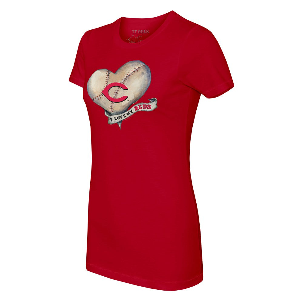 Cincinnati Reds Tiny Turnip Women's Heart Banner T-Shirt - Red