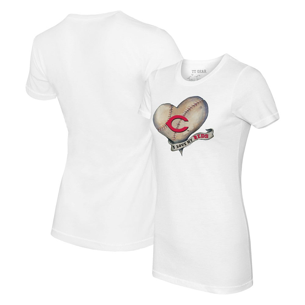 Cincinnati Reds Tiny Turnip Women's Heart Banner T-Shirt - White