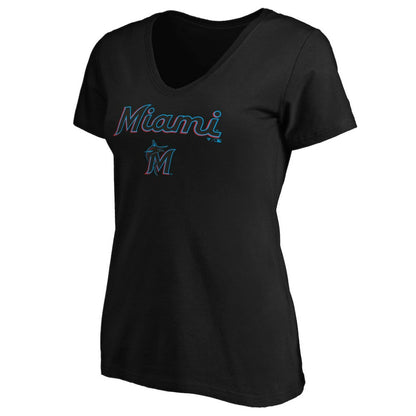 Miami Marlins Women's Core Team Lock Up V-Neck T-Shirt - Black