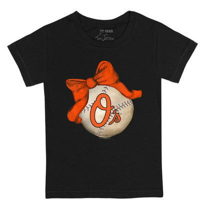 Baltimore Orioles Tiny Turnip Youth Baseball Bow T-Shirt - Black