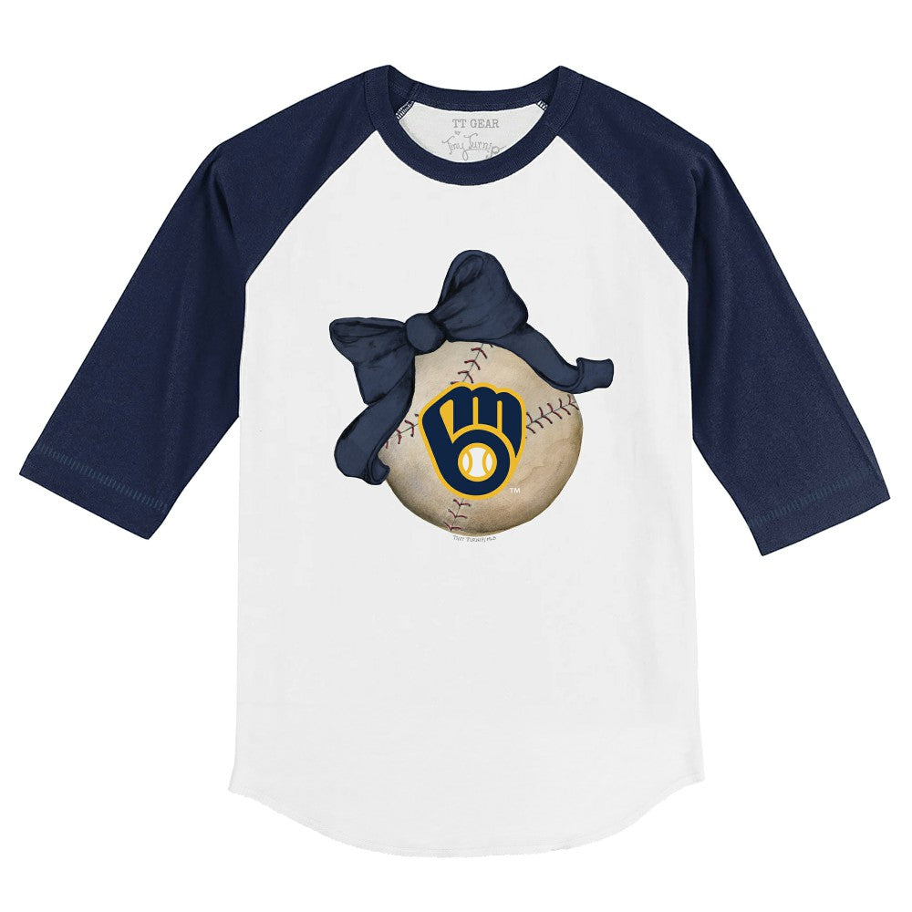 Milwaukee Brewers Tiny Turnip Youth Baseball Bow 3/4-Sleeve Raglan T-Shirt - White/Navy