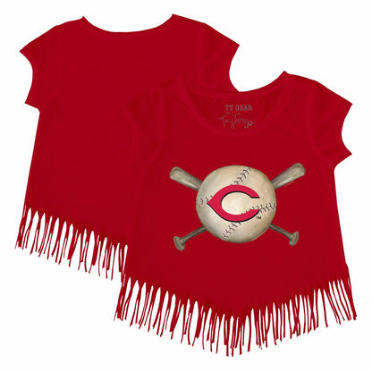 Cincinnati Reds Tiny Turnip Girls Youth Baseball Cross Bats Fringe T-Shirt - Red