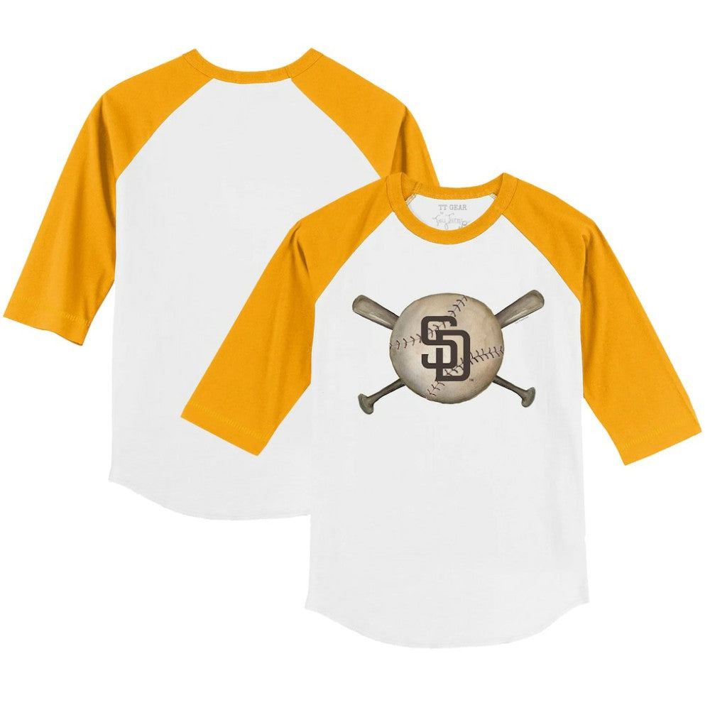 San Diego Padres Tiny Turnip Youth Baseball Cross Bats 3/4-Sleeve Raglan T-Shirt - White/Gold