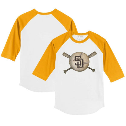 San Diego Padres Tiny Turnip Youth Baseball Cross Bats 3/4-Sleeve Raglan T-Shirt - White/Gold