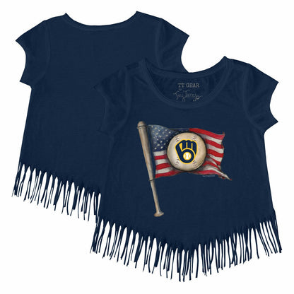 Milwaukee Brewers Tiny Turnip Girls Youth Baseball Flag Fringe T-Shirt - Navy