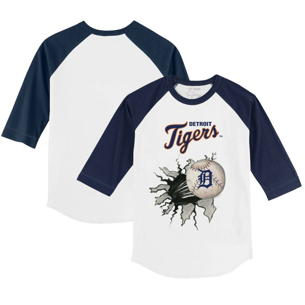 Detroit Tigers Tiny Turnip Youth Baseball Tear 3/4-Sleeve Raglan T-Shirt - White/Navy