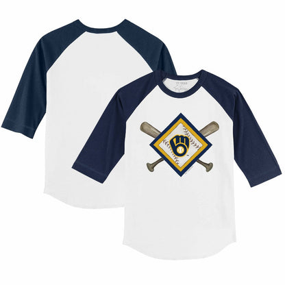 Milwaukee Brewers Tiny Turnip Youth Diamond Cross Bats 3/4-Sleeve Raglan T-Shirt - White/Navy
