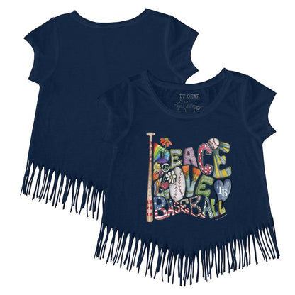 Tampa Bay Rays Tiny Turnip Girls Youth Peace Love Baseball Fringe T-Shirt - Navy
