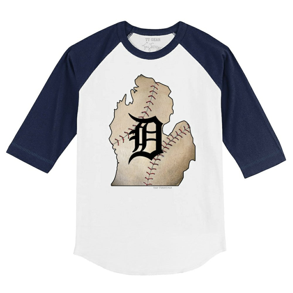Detroit Tigers Tiny Turnip Youth State Outline 3/4-Sleeve Raglan T-Shirt - White/Navy