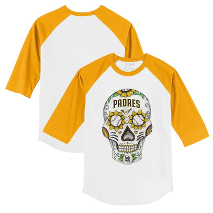San Diego Padres Tiny Turnip Youth Sugar Skull 3/4-Sleeve Raglan T-Shirt - White/Gold