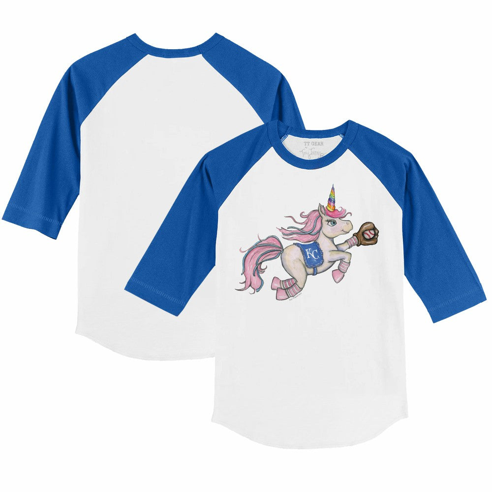 Kansas City Royals Tiny Turnip Youth Unicorn 3/4-Sleeve Raglan T-Shirt - White/Royal