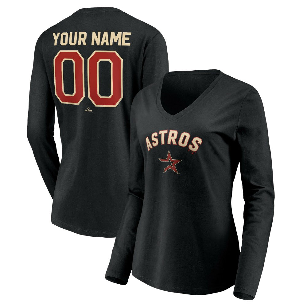 Houston Astros Women's Personalized Cooperstown Collection Alternate Winning Streak Long Sleeve V-Neck T-Shirt - Black